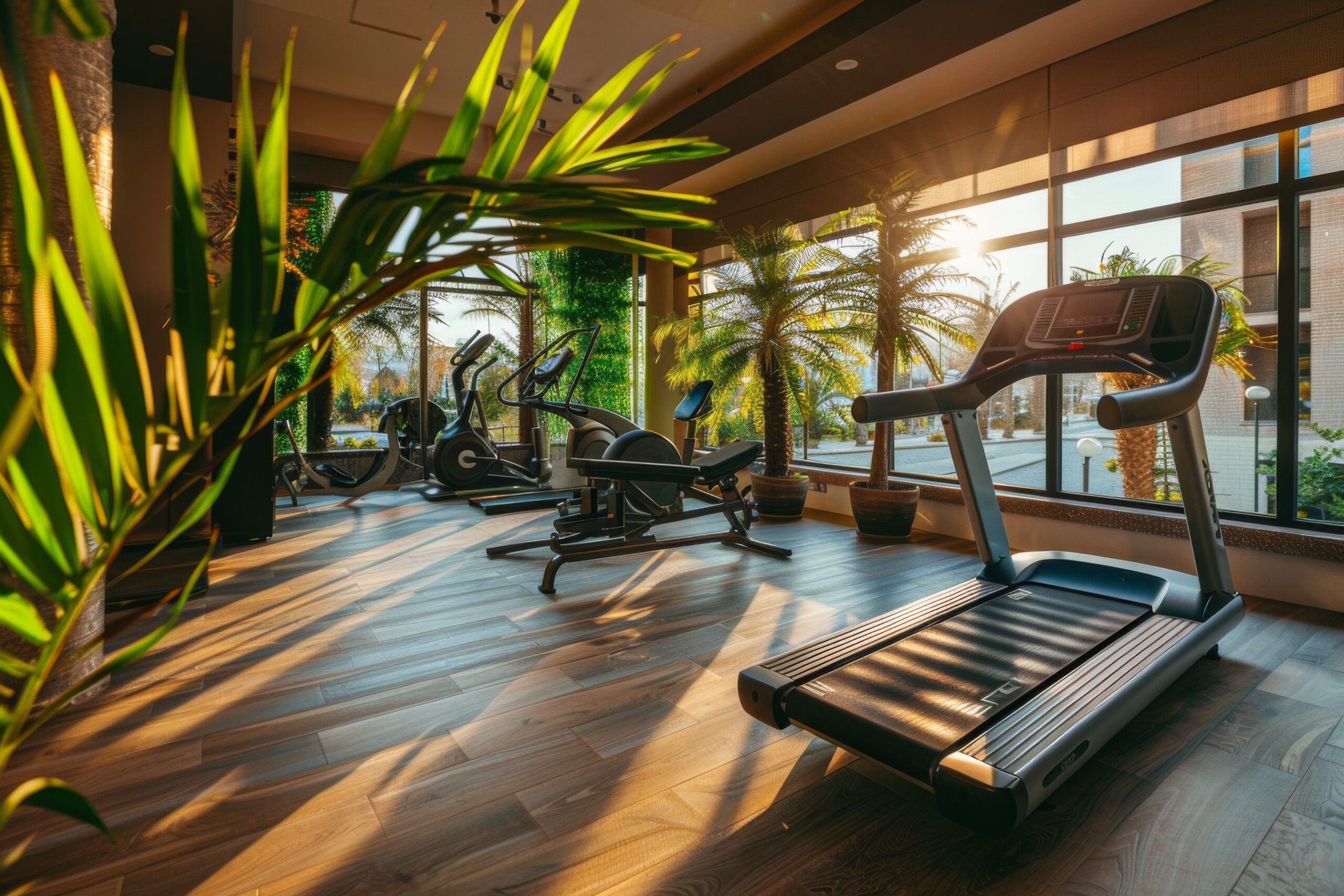 Modern Luxury Gym with Treadmills and Health Club Equipment Surrounded by Palm Trees in a Hotel Training Center, Offering a Premium Fitness Experience