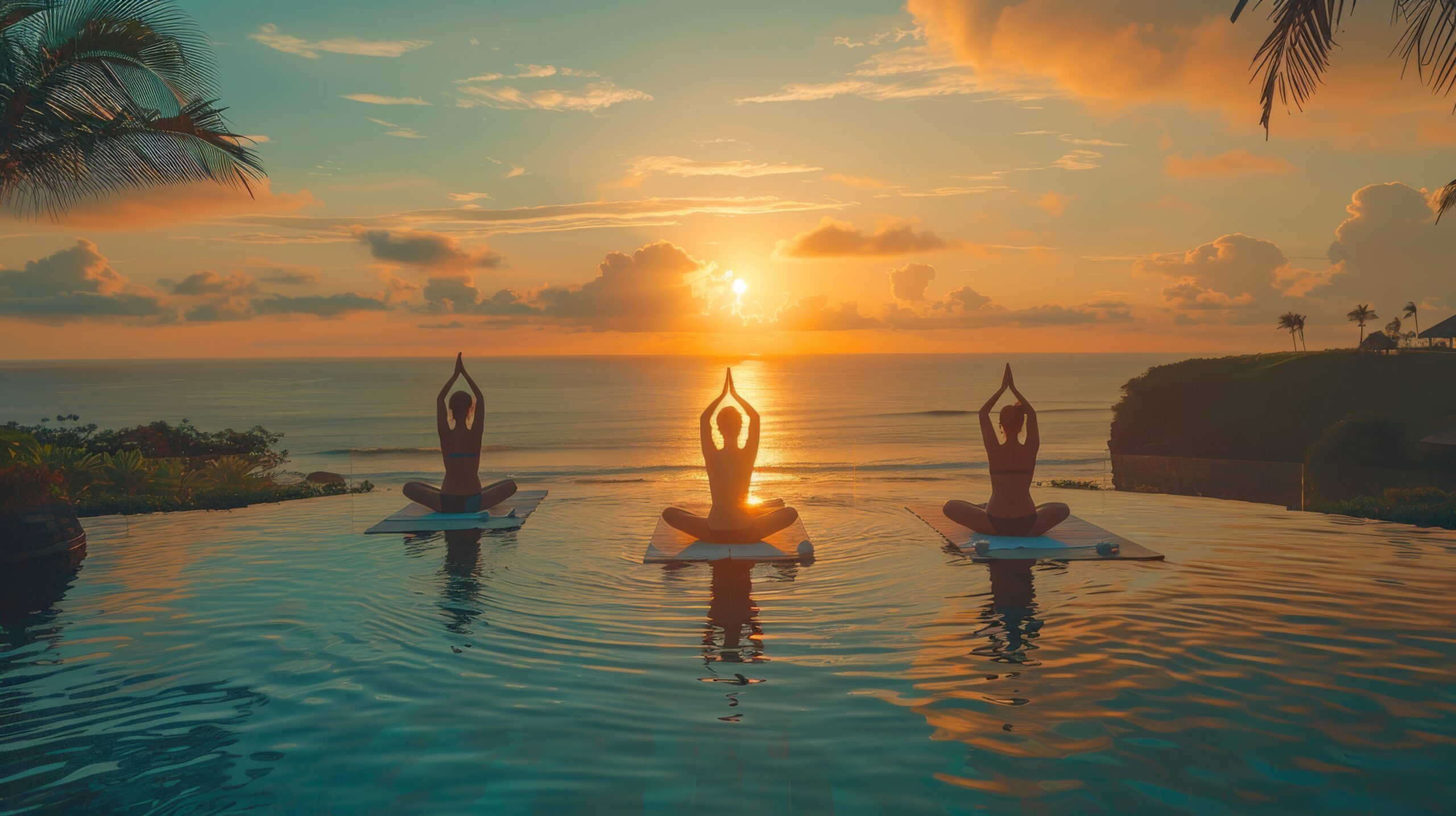 Three individuals practicing yoga during a serene sunrise by the ocean at a tranquil coastal resort.