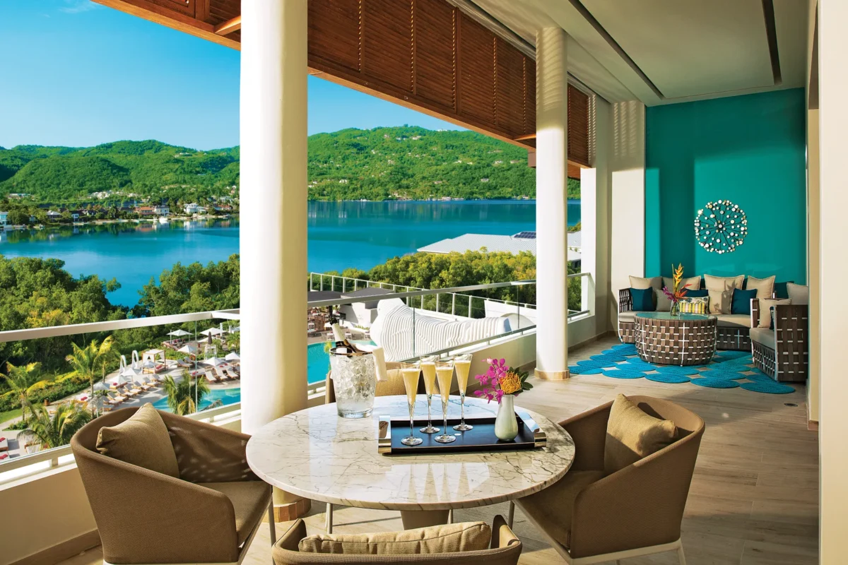 Expansive terrace with ocean and mountain views at the Xhale Club Presidential Suite, Breathless Montego Bay.