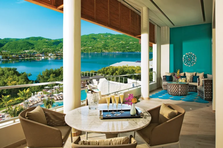 Expansive terrace with ocean and mountain views at the Xhale Club Presidential Suite, Breathless Montego Bay.